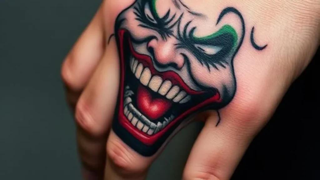 joker mouth hand tattoo